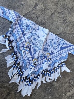Vintage Blue Floral Handkerchief Bandana Scarf with Beaded Fringe